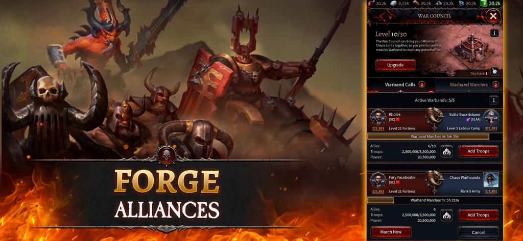 Warhammer: Chaos & Conquest - Warhammer Chaos and Conquest Forge Alliances screen showing War Council management and Chaos warriors