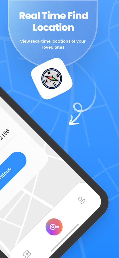 FindApp plus app promotional screen showing real time location tracking with a compass icon and map interface