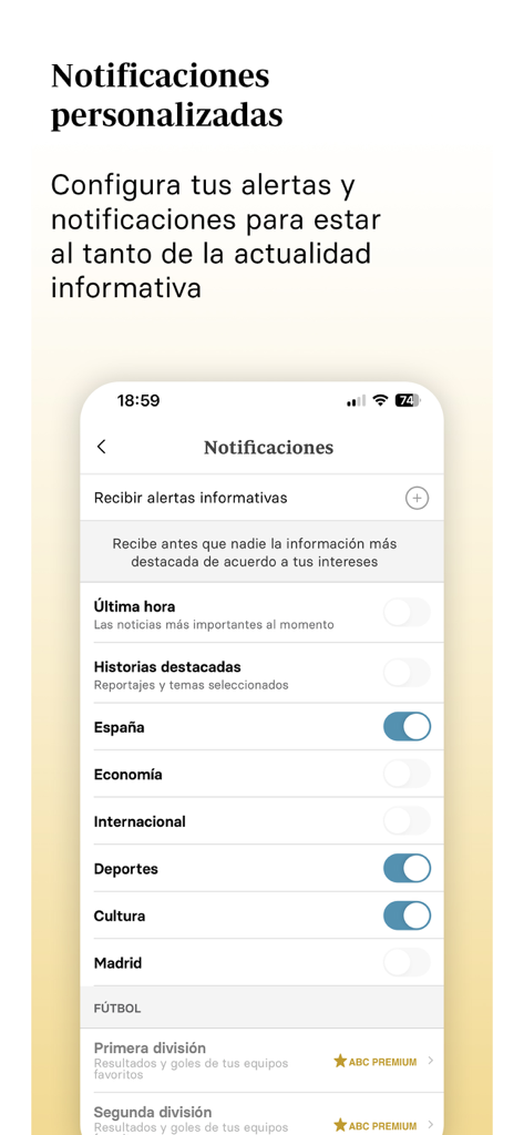 Configuración de notificaciones personalizadas en la aplicación de noticias Diario ABC para categorías como España y Deportes