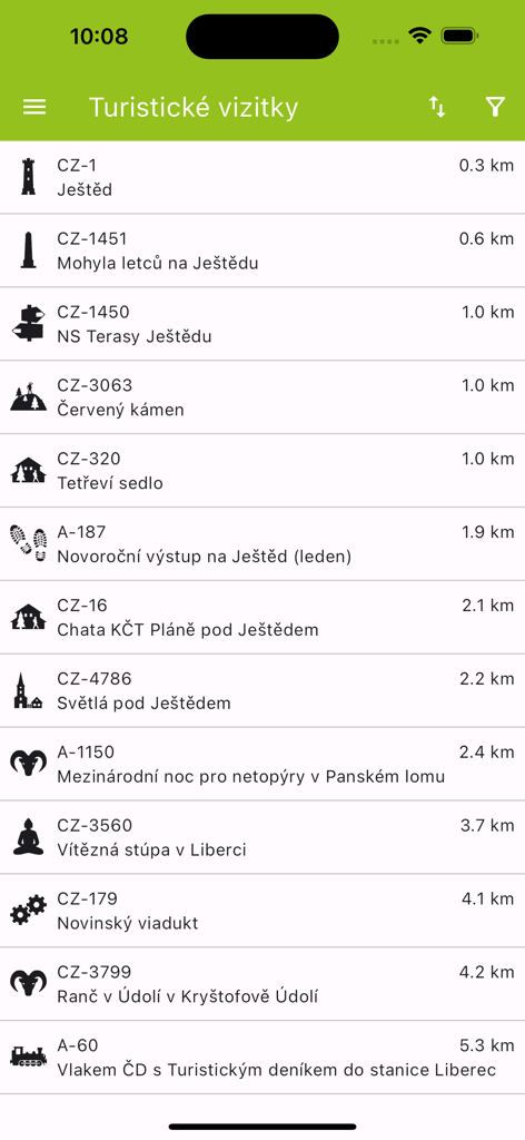 Wander Book - Wander Book mobile app displaying a list of nearby tourist locations and collection stickers