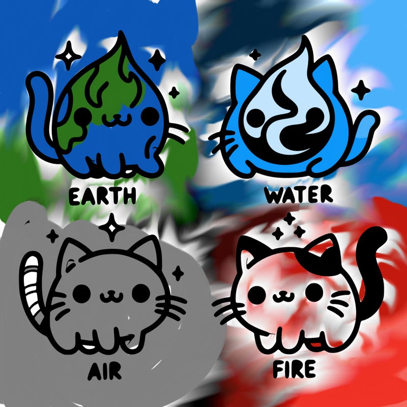 4 cats that represent the different elements, earth, water, air, and fire
