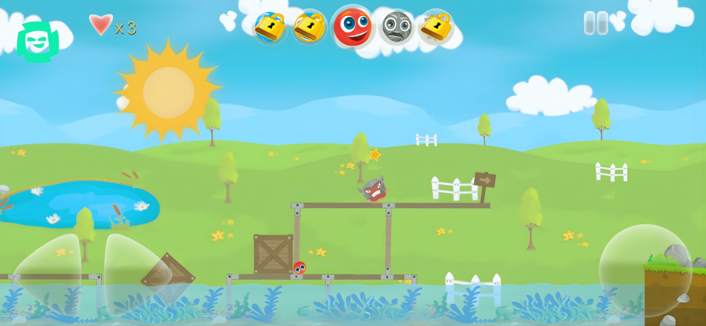 A red ball character navigating a physics-based platformer level with vibrant green hills and blue sky in Bounce Tales.