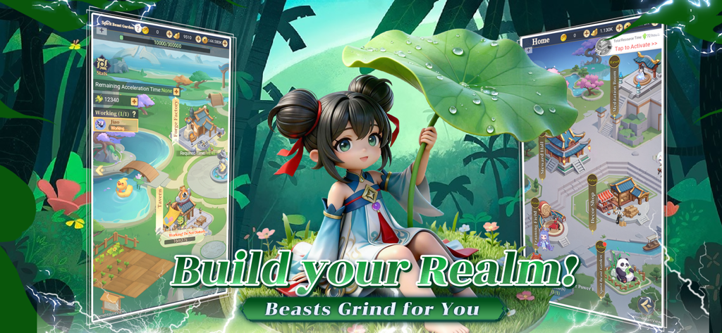 Beast's Creed - A character sits under a lotus leaf with gameplay previews of the base management and realm building features in Beast's Creed