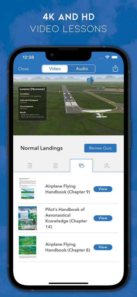 Sportys Pilot Training app displaying a 4K video lesson on aircraft landings and links to FAA handbooks