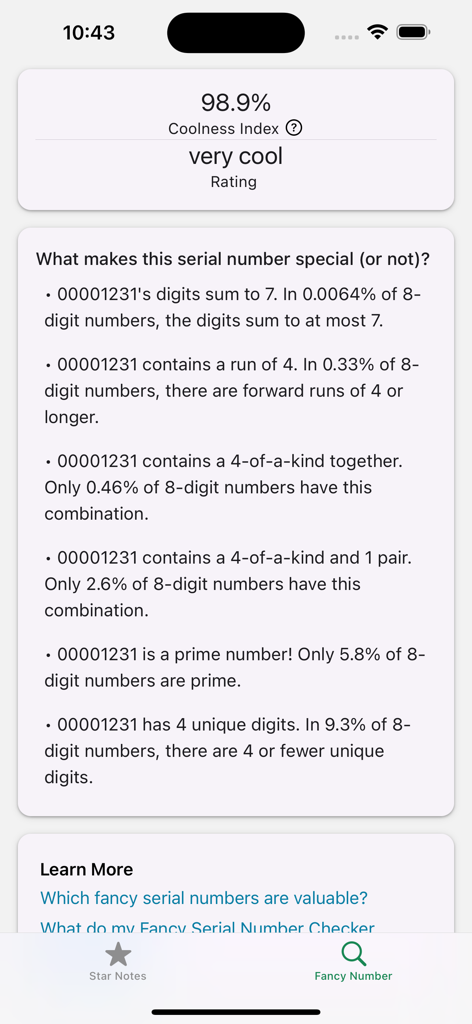 MyCurrencyCollection - Screen displaying a 98.9 percent coolness index rating and detailed rarity analysis for a U.S. banknote serial number in the MyCurrencyCollection app.
