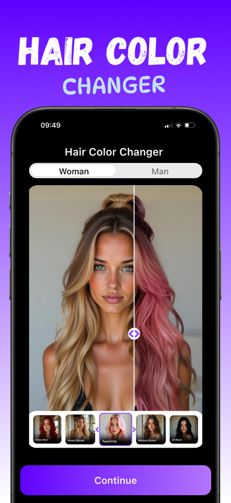 Hairstyle AI - Hair Cut Filter - App interface showing a woman testing a pastel pink hair color filter with a side by side comparison