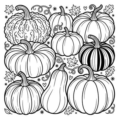 Embrace the spirit of autumn with our captivating heirloom pumpkin coloring page, thoughtfully designed for seniors. Explore a delightful assortment of unique pumpkins, perfect for a relaxing and creative coloring experience.