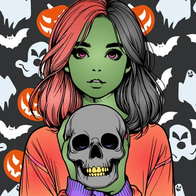 realistic girl holding a skull