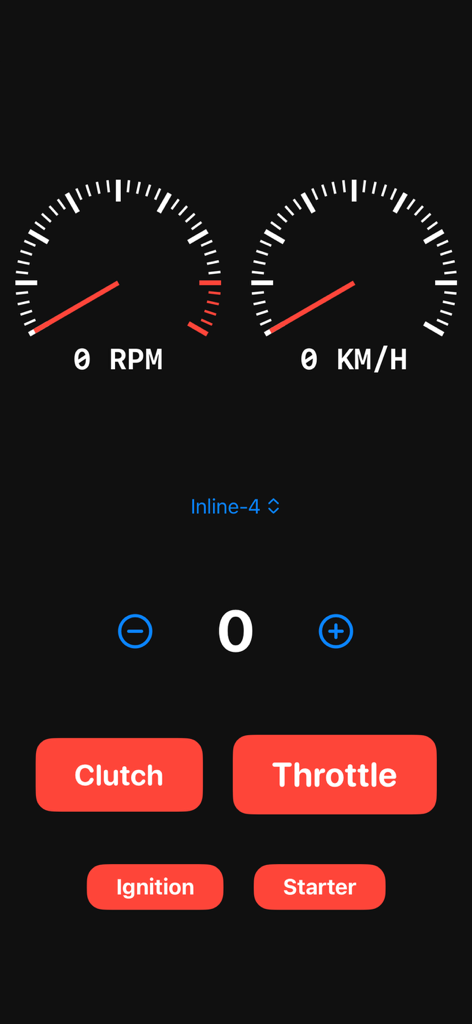 Engine Sim - Engine Sim dashboard interface with RPM and KMH gauges and engine control buttons.