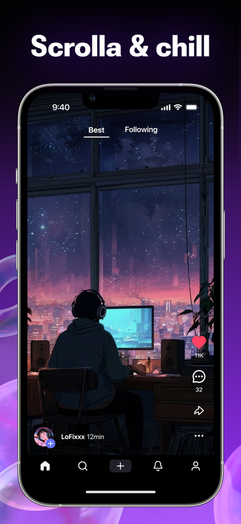 Scrolla: fun reels, no stress - Pantalla del iPhone mostrando la interfaz de la aplicación Scrolla con un video lofi relajante y el titular Scrolla y relájate