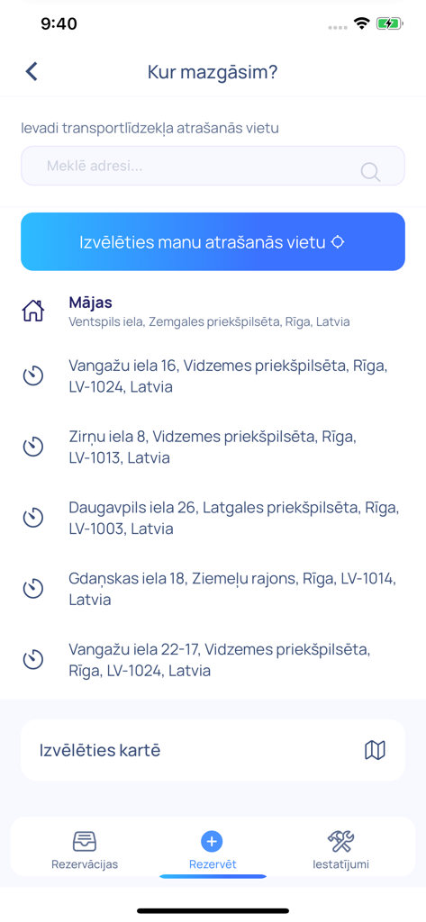WashCar - WashCar mobile app screen for selecting a car wash location with a list of saved and recent addresses