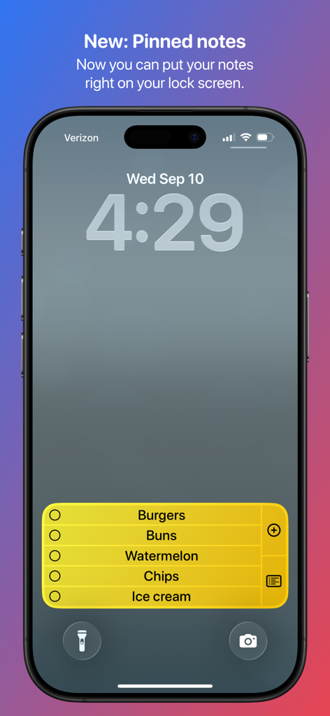 Sticky Widgets - An iPhone lock screen featuring a yellow sticky note widget with a checklist for groceries including burgers and buns