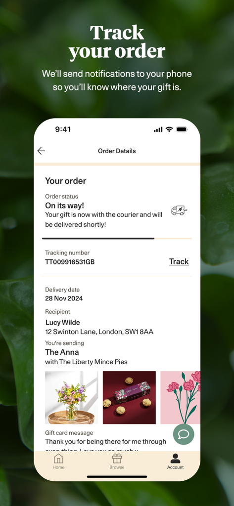 Bloom and Wild app interface displaying order status tracking with delivery details and gift items