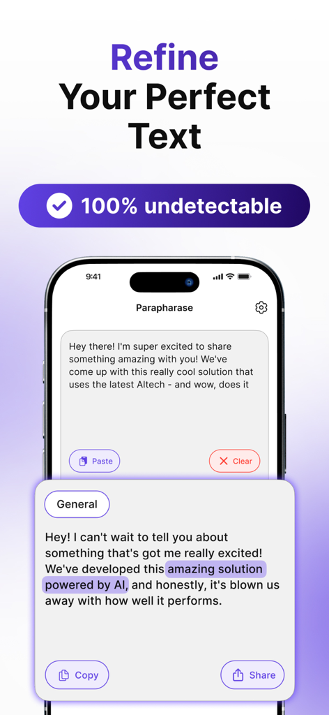 Reword & Paraphrase Tool - Écran de smartphone montrant l'application Reword and Paraphrase Tool avec du texte en cours de raffinement pour un contenu IA indétectable