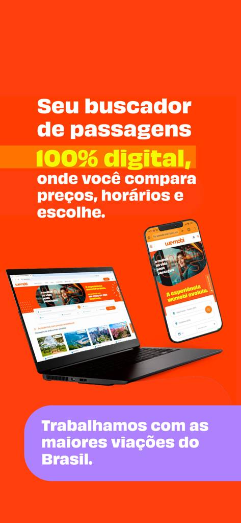 wemobi - passagens de ônibus - Smartphone and laptop showing the wemobi bus ticket search interface on an orange background