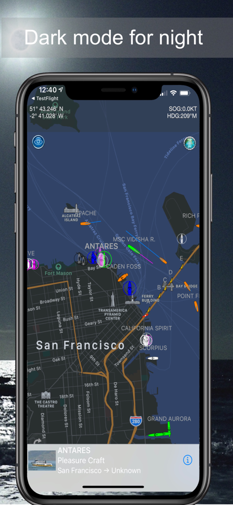 Boat Beacon - Boat Beacon app showing AIS ship tracking in dark mode for night navigation
