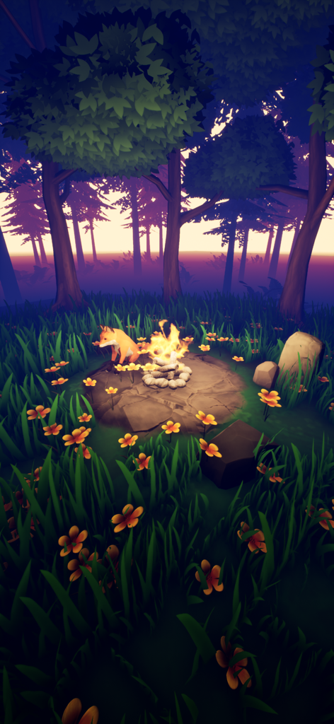 A fox sitting by a campfire in a tranquil forest at sunset in the Playne meditation app