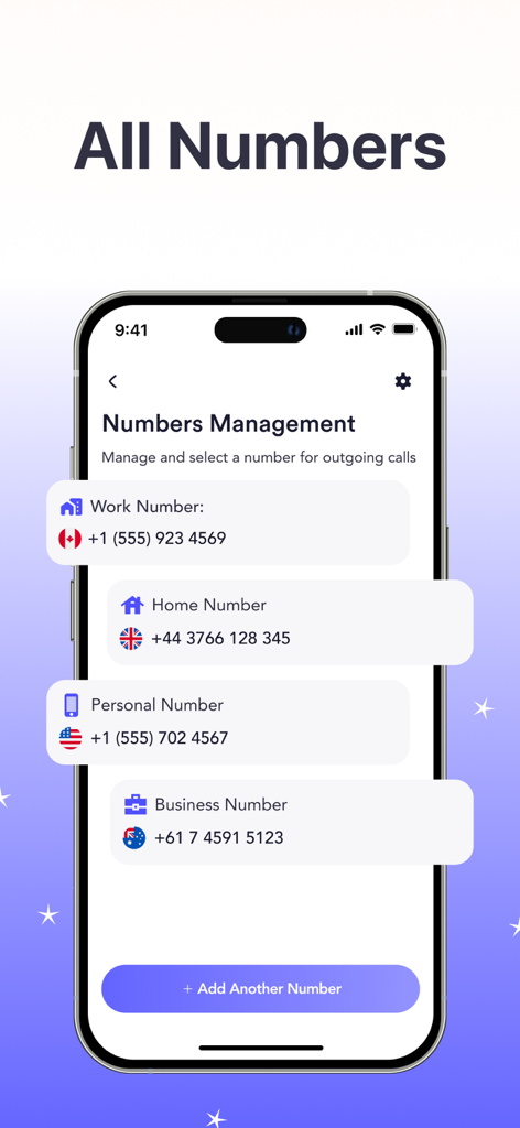 Interface of AnyCall app showing management of multiple international phone numbers for work and personal use
