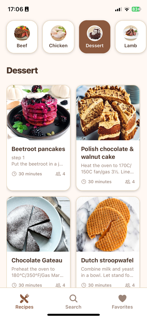 Recipe Finder: Easy Cooking - 레시피 파인더 앱의 디저트 레시피 카테고리 화면으로, 팬케이크와 케이크 같은 다양한 요리를 보여줍니다.