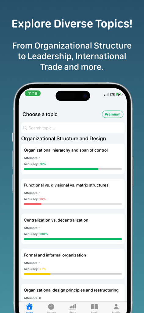 Business Administration - A mobile app interface listing business administration study topics with progress bars for quiz accuracy.