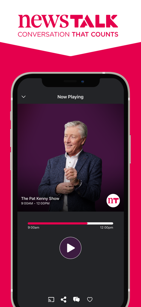 Newstalk app now playing screen for The Pat Kenny Show featuring Pat Kenny.