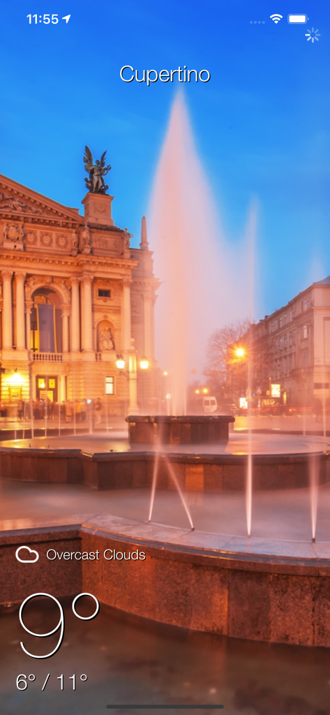 Local Meteo - weather live - Local Meteo weather app screen displaying 9 degrees in Cupertino with a Ukrainian landmark background