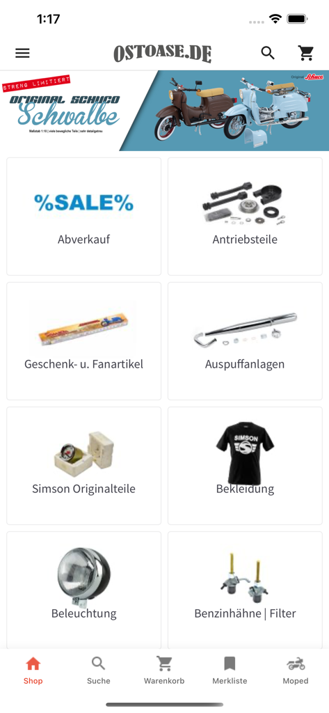 Ostoase Shop - Ostoase Shop mobile app home screen showing product categories for Simson moped parts such as exhaust systems and original components