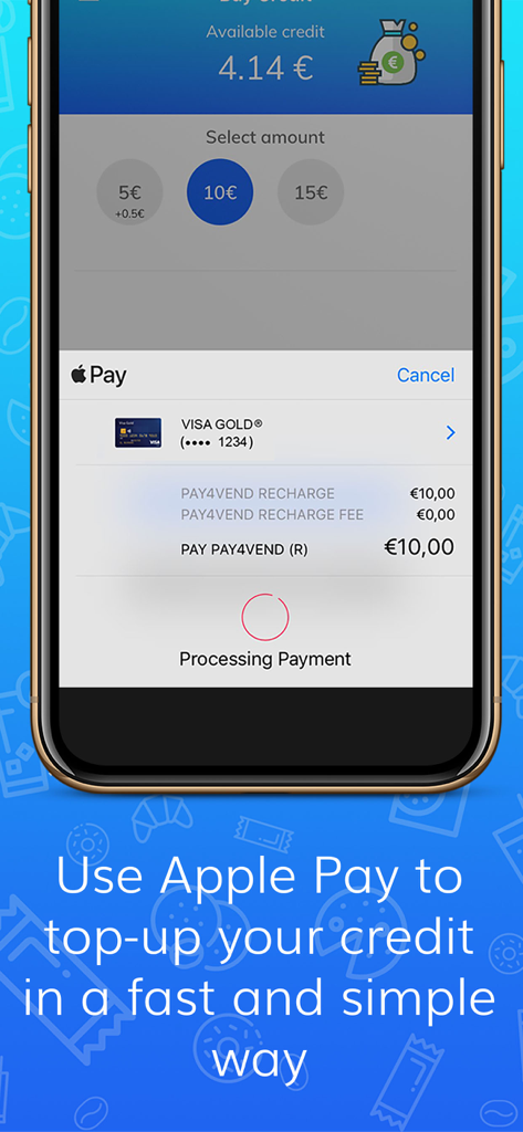 Pay4Vend app screen showing a user recharging their vending machine credit using Apple Pay on an iPhone