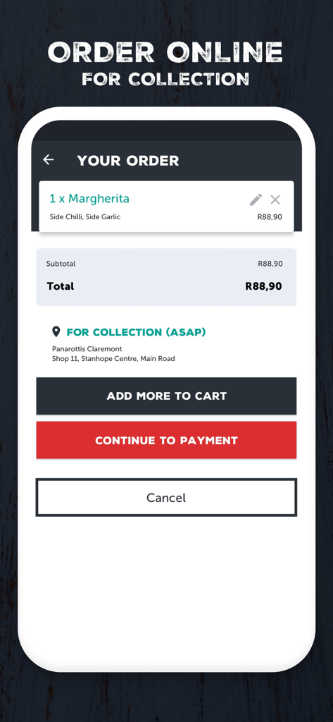 Panarottis app interface showing a pizza order summary for collection