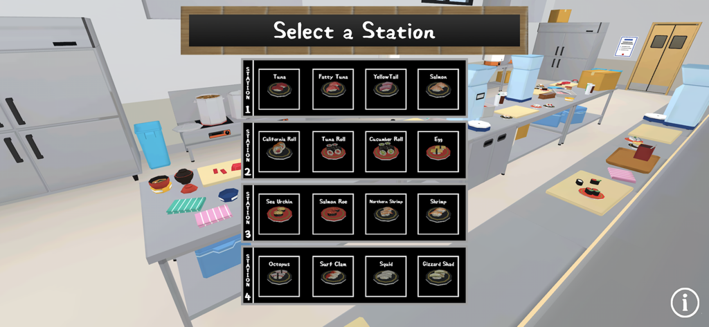 Conveyor Belt Sushi Experience - In-Game-Menü mit dem Titel 'Station auswählen', das verschiedene Sushi-Optionen in einer 3D-Restaurantküche zeigt.
