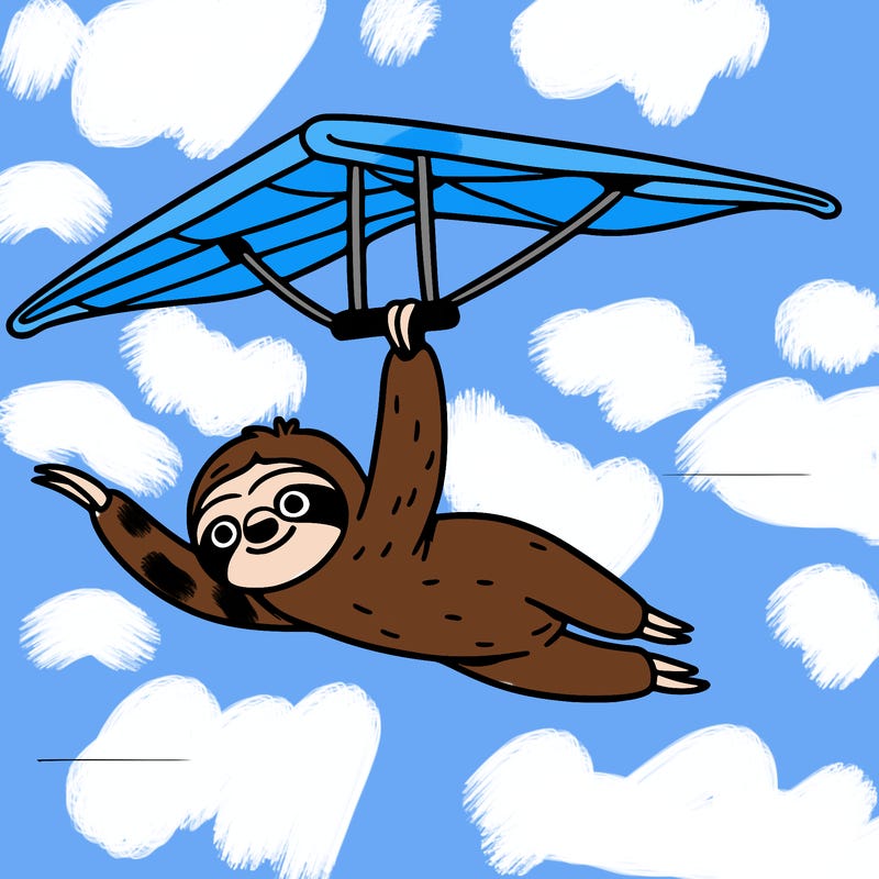 a sloth hang gliding slowly through a clear blue sky