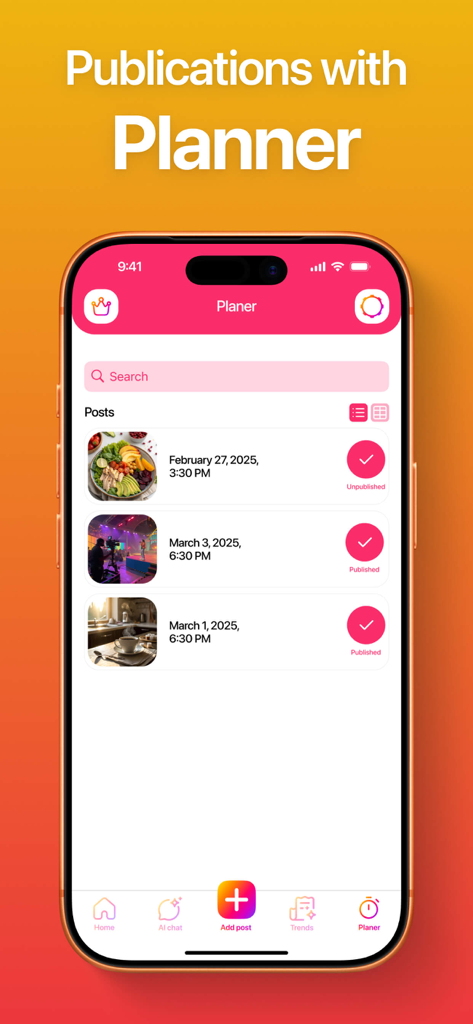 Repost for Instagram + - Content planner screen in the Repost for Instagram app showing scheduled social media posts with dates and publication status.
