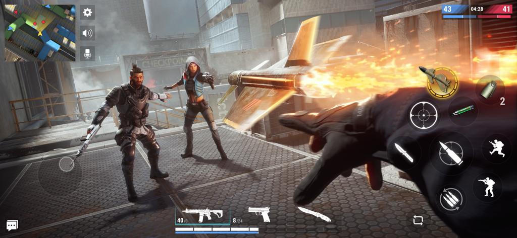 In game screenshot of Modern Strike Online showing a first person view of a rocket attack during a match
