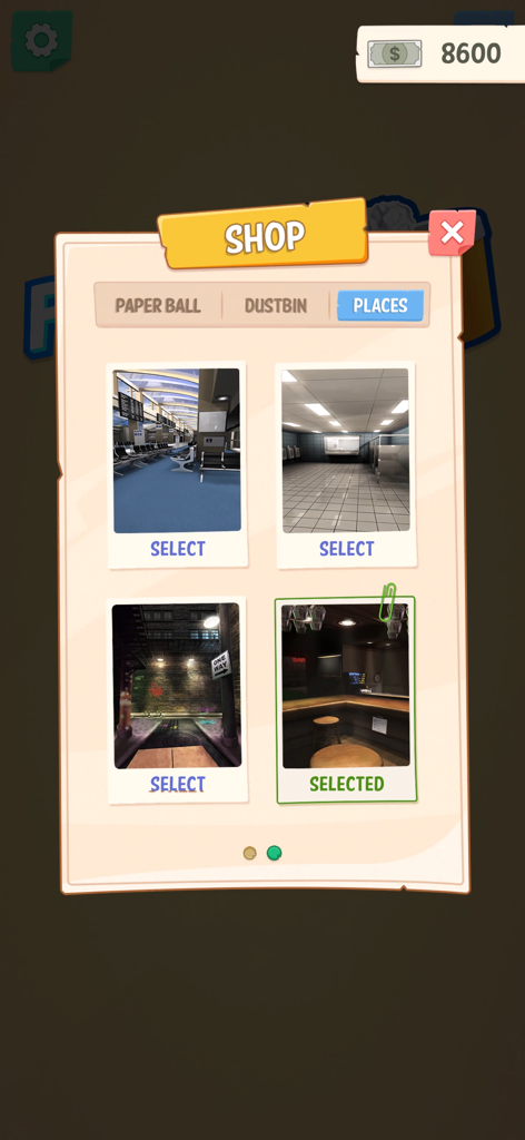 Menú de la tienda del juego que muestra diferentes ubicaciones de entorno para Office Paper Toss