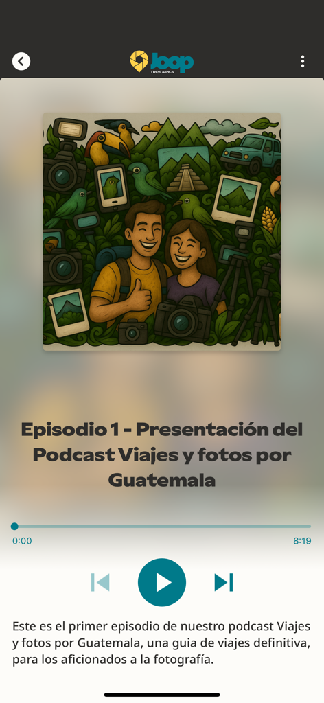Joop - The podcast player screen in the Joop app featuring an episode about photography and travel in Guatemala.