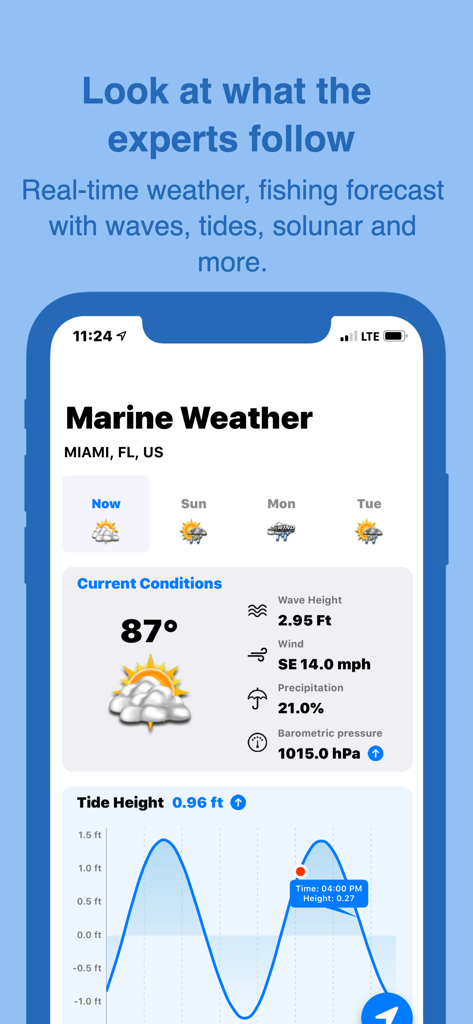 FishVerify app interface displaying marine weather conditions including temperature wind speed and tide charts