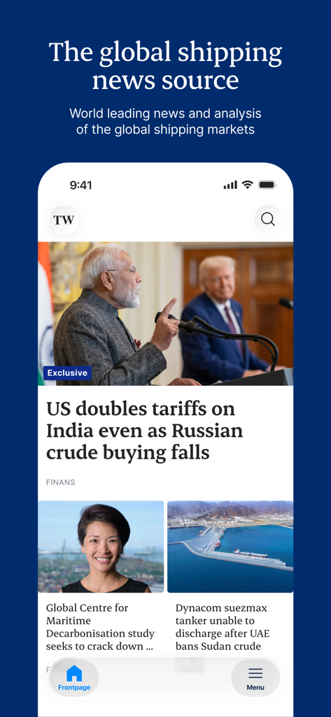 TradeWinds News app interface showing global shipping and maritime business headlines