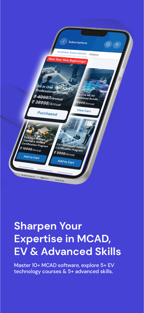 iGETIT - Upskilling Engineers - Mobile phone screen displaying various engineering and EV certification course subscriptions in the iGETIT app.