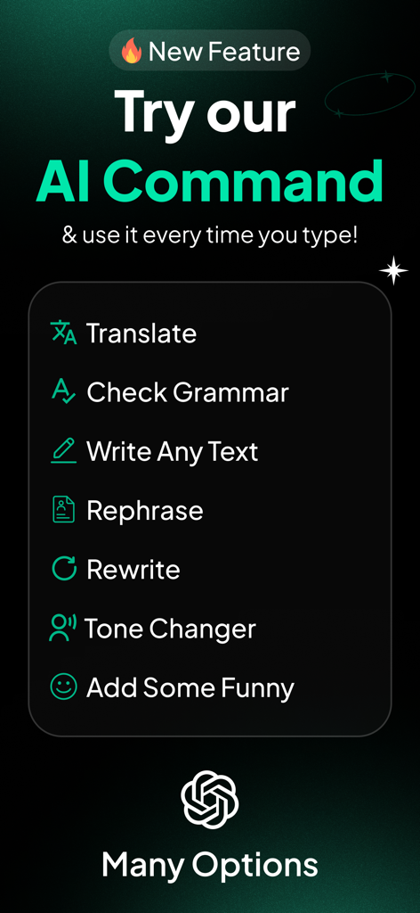 TypeFix: AI Writing Keyboard - Une liste de commandes IA dans le clavier TypeFix comprenant les options de traduction, de vérification grammaticale et de reformulation