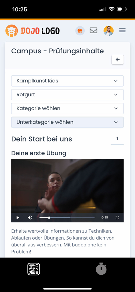 A screenshot of the budoo.one app featuring martial arts training videos and learning materials.