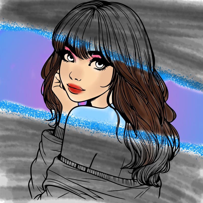 realistic girl with bangs looking over her shoulder