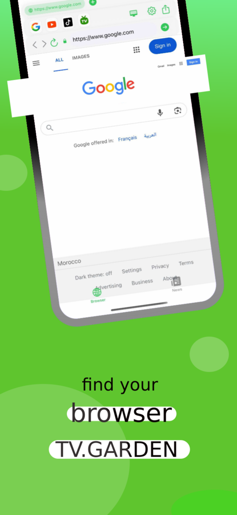 Garden TV browser - Garden TV Browser app interface showing a desktop-style view of Google search on a smartphone.