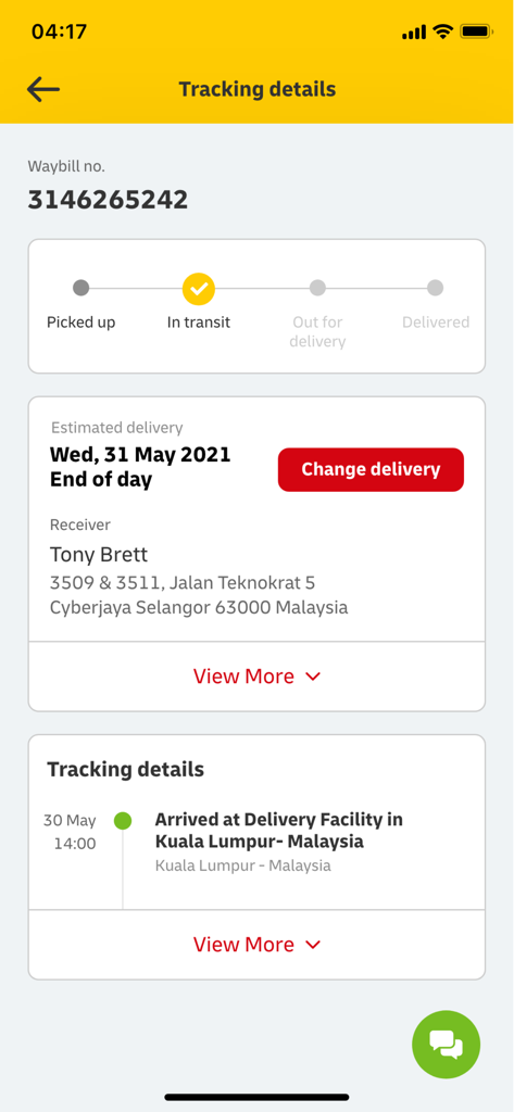 DHL Express Mobile App - DHL Express 모바일 앱 화면: 운송 중 상태 및 예상 배송 날짜를 보여주는 배송 추적 세부 정보