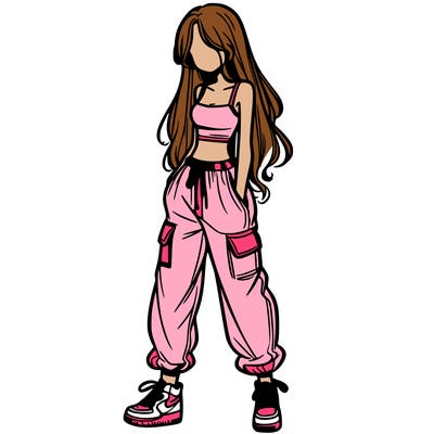 girl in baggy pants crop top and long hair