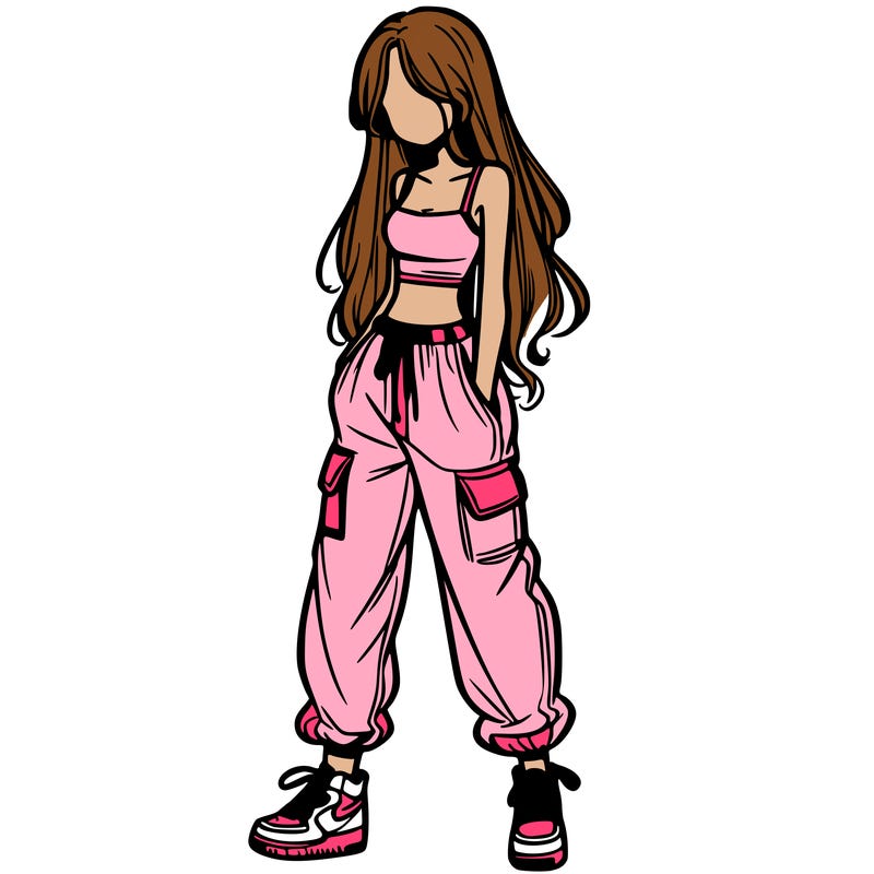 girl in baggy pants crop top and long hair