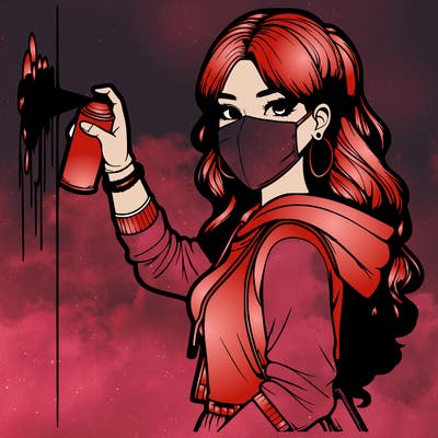 realistic girl with mask spray painting a wall