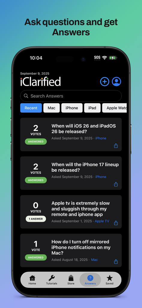 iClarified - The Answers community screen in the iClarified app where users ask and answer questions about Apple devices.
