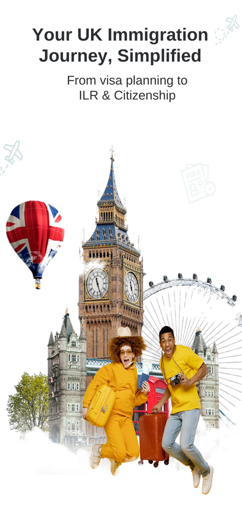 Welcome screen for Visa Route Diary app showing London landmarks and happy travelers for UK immigration planning.