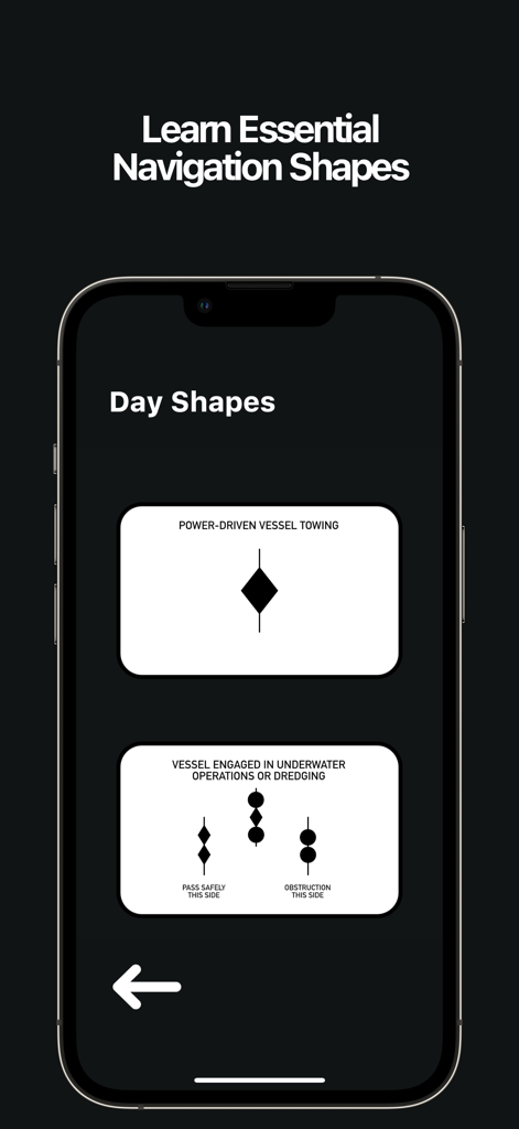 COLREG - A screenshot of the COLREG app interface showing maritime day shapes for power-driven towing vessels and underwater dredging operations