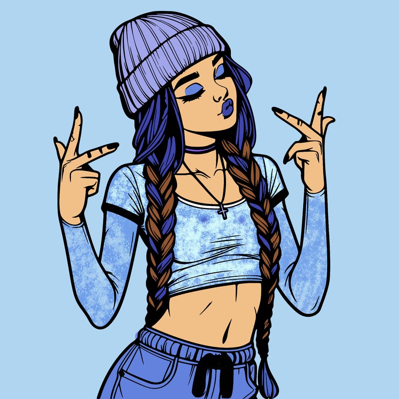 realistic teenage girl with braids and a beanie and crop top doing 🫶🏼